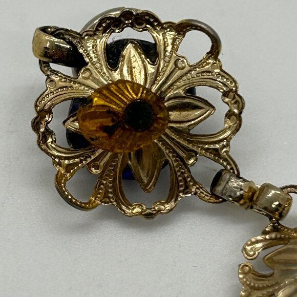 Vintage Gold Tone Bracelet Cobalt Blue Acrylic Cabochon Floral Filigree Design - Picture 10 of 16